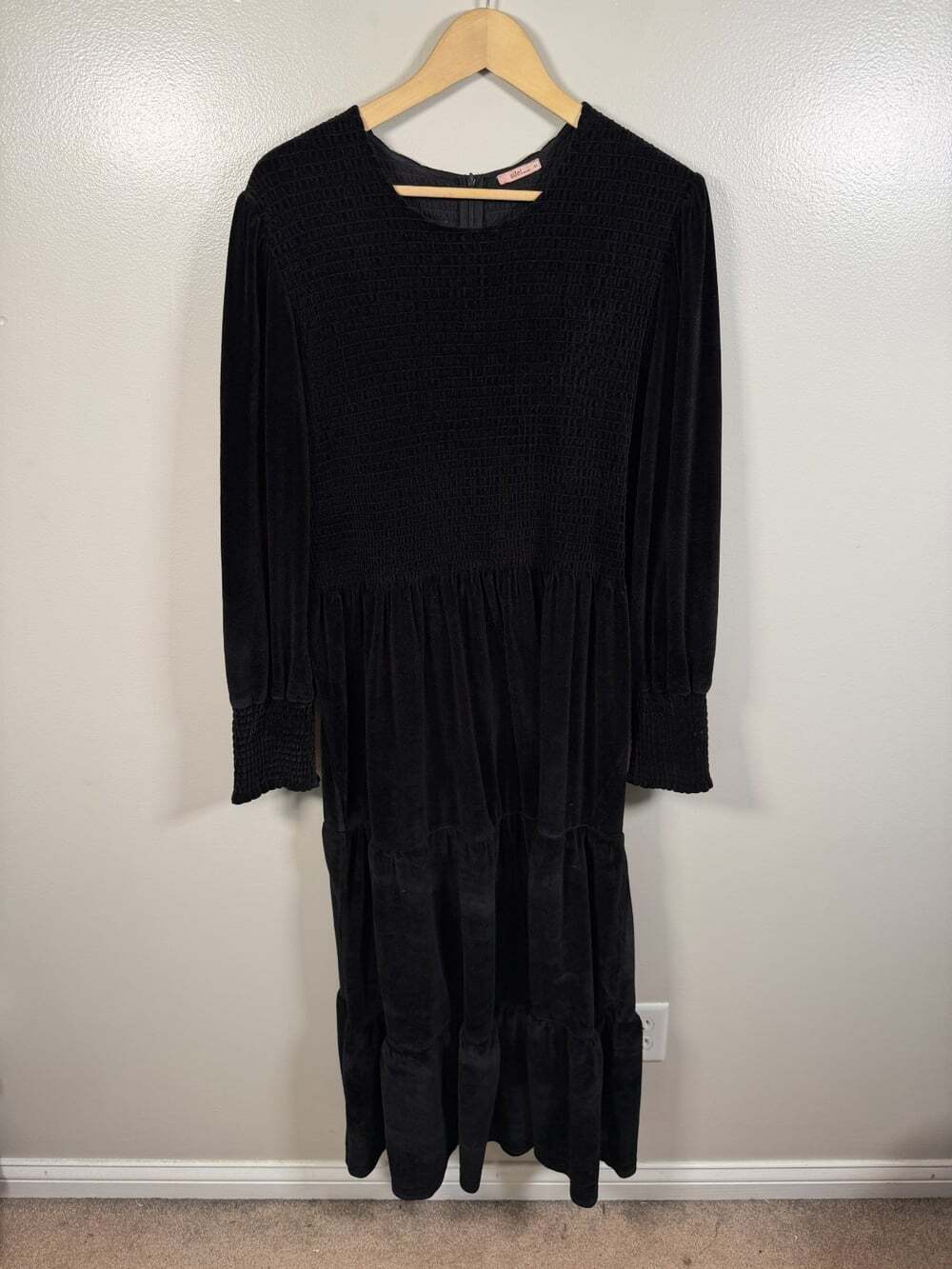 Udel NY Black Velvet Tiered Maxi Dress XL Smocked Long Sleeve Modest Holiday